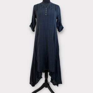 Gypsy 05 Gauzy Boho Chic Midi Dress Medium Dark Blue Asymmetrical Shark Bite Hem